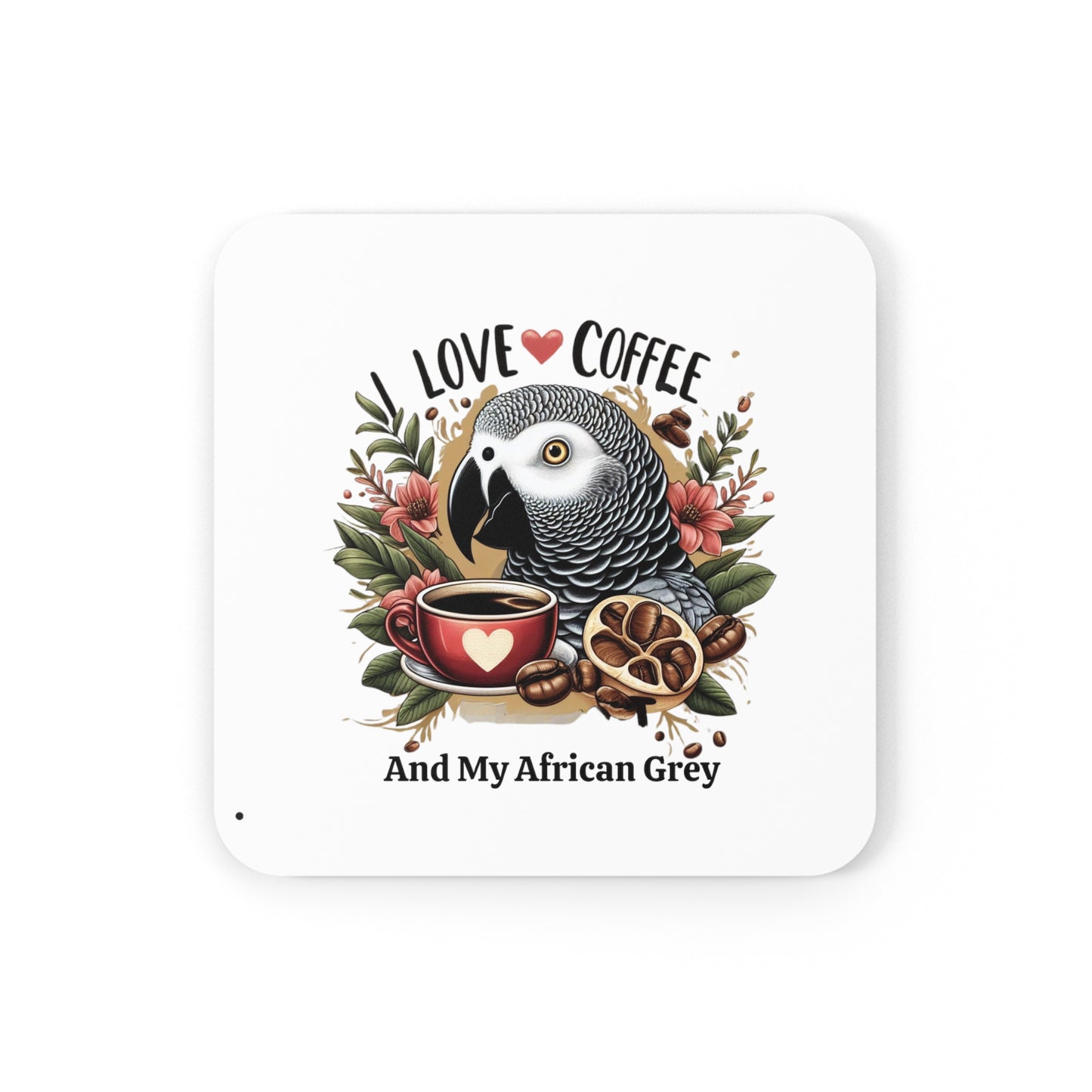 I love coffee and my African Grey Parrot Corkwood Coaster Set, parrot coaster set, african grey coaster set