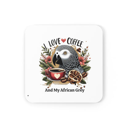 I love coffee and my African Grey Parrot Corkwood Coaster Set, parrot coaster set, african grey coaster set