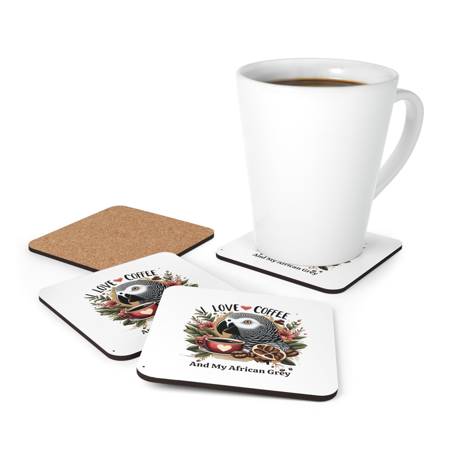 I love coffee and my African Grey Parrot Corkwood Coaster Set, parrot coaster set, african grey coaster set