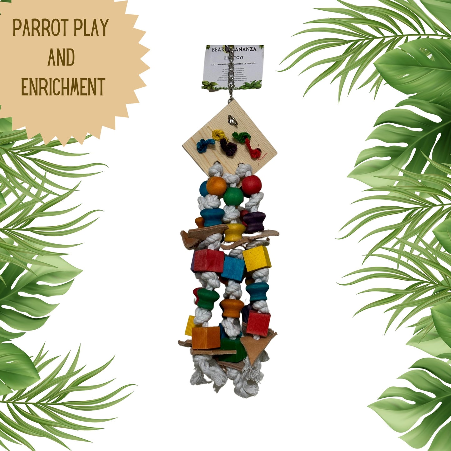 Wooden parrot toy for medium sized parrots with rows of wooden blocks and beads brought together with cotton rope