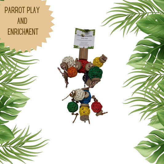 Parrot toy with colorful rattan balls for foraging fun, African grey, conures, eclectus, ringnecks, small amazons, small cockatoos and like sized parrots. Perfect enrichment and foraging toy for your feathered friend