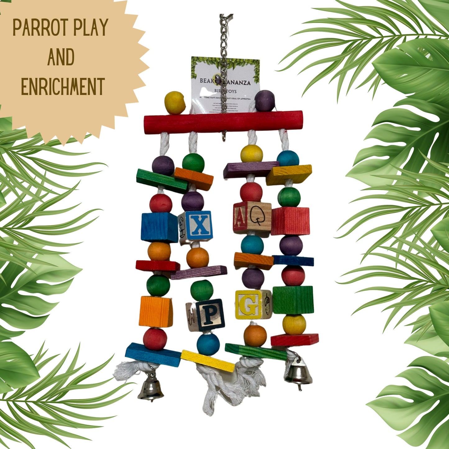 Beak Bananza Wooden Parrot toy with rows of alphabet blocks and beads for your medium sized parrot