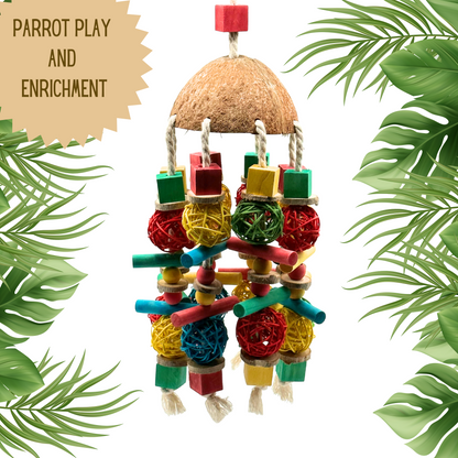 Coconut top large parrot toy with color blocks and rattan balls, African Greys, Cockatoos, Amazons, Macaws. Fun enrichment and foraging toy for your feathered friend