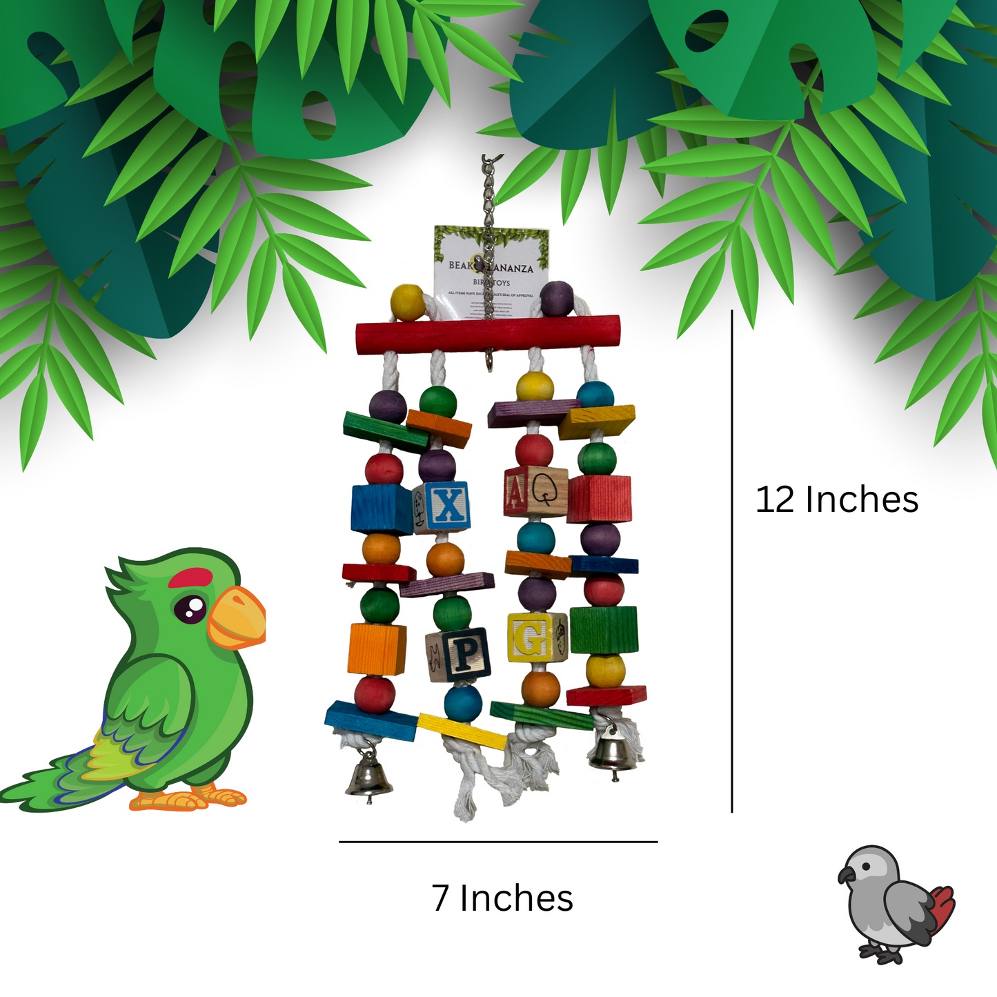 Beak Bananza Wooden Parrot toy with rows of alphabet blocks and beads for your medium sized parrot