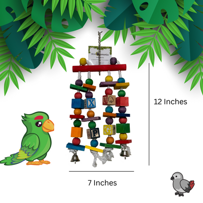 Beak Bananza Wooden Parrot toy with rows of alphabet blocks and beads for your medium sized parrot