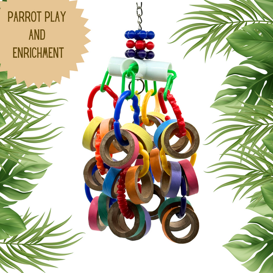 Parrot toy for medium sized parrots made with cardboard bags and plastic rings, african grey, small cockatoos, conures, eclectus, small amazons