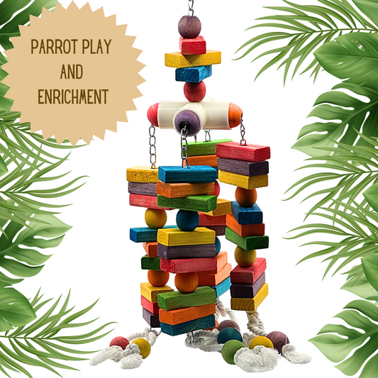 Wooden Parrot toy 4 way play for large parrots with colorful wooden blocks and beads